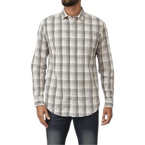 Michael Kors Men's Plaid Black, White & Tan Long Sleeve Button Up Shirt Size XL